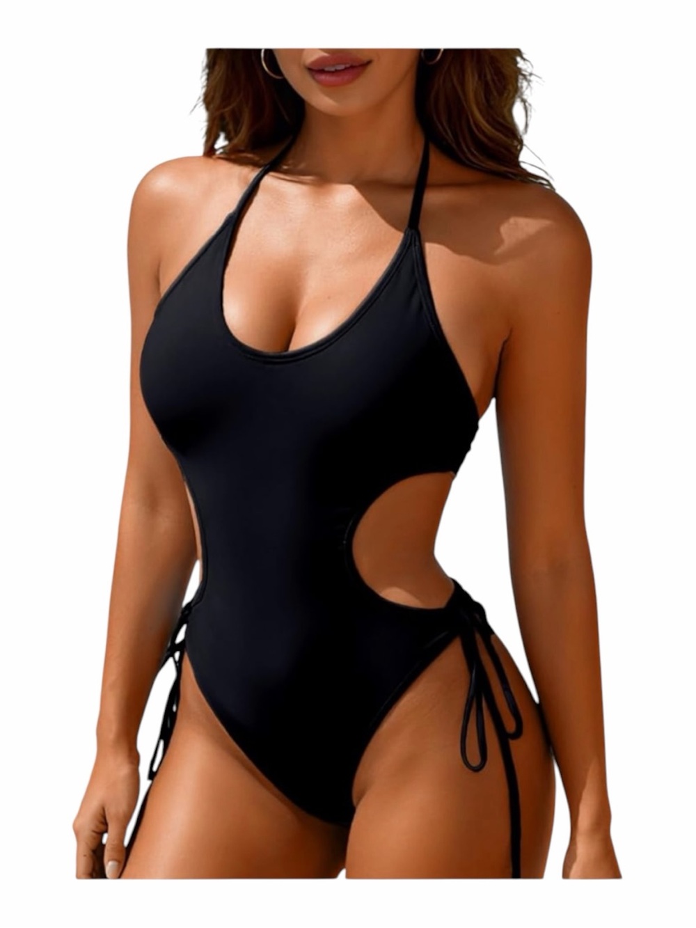 Amazon Black Halter Cutout One-Piece Swimsuit with Side Ties